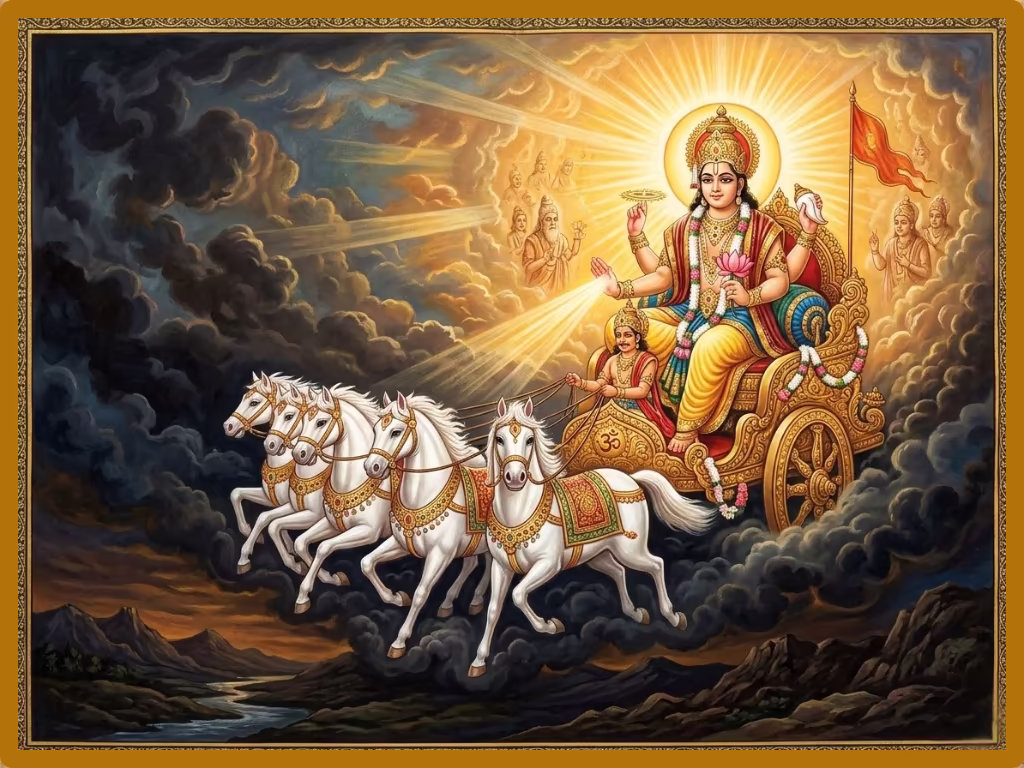"A highly detailed, traditional Vedic illustration of Lord Surya Narayana riding His majestic horse-drawn chariot. He radiates a powerful, golden-white divine effulgence that pierces through and dispels dense, dark clouds.