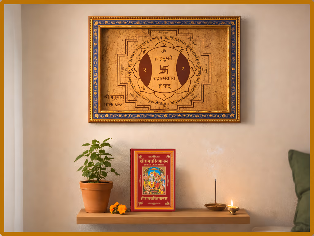 A framed Sri Hanuman Bhakti Yantra, properly created on authentic Bhoj Patra, mounted above a minimalist home altar. The wooden shelf holds a potted Tulsi plant, the Sri Ramcharita Manas, fresh marigold flowers, a lit ghee lamp, and incense, representing a dedicated space for daily Sadhana.