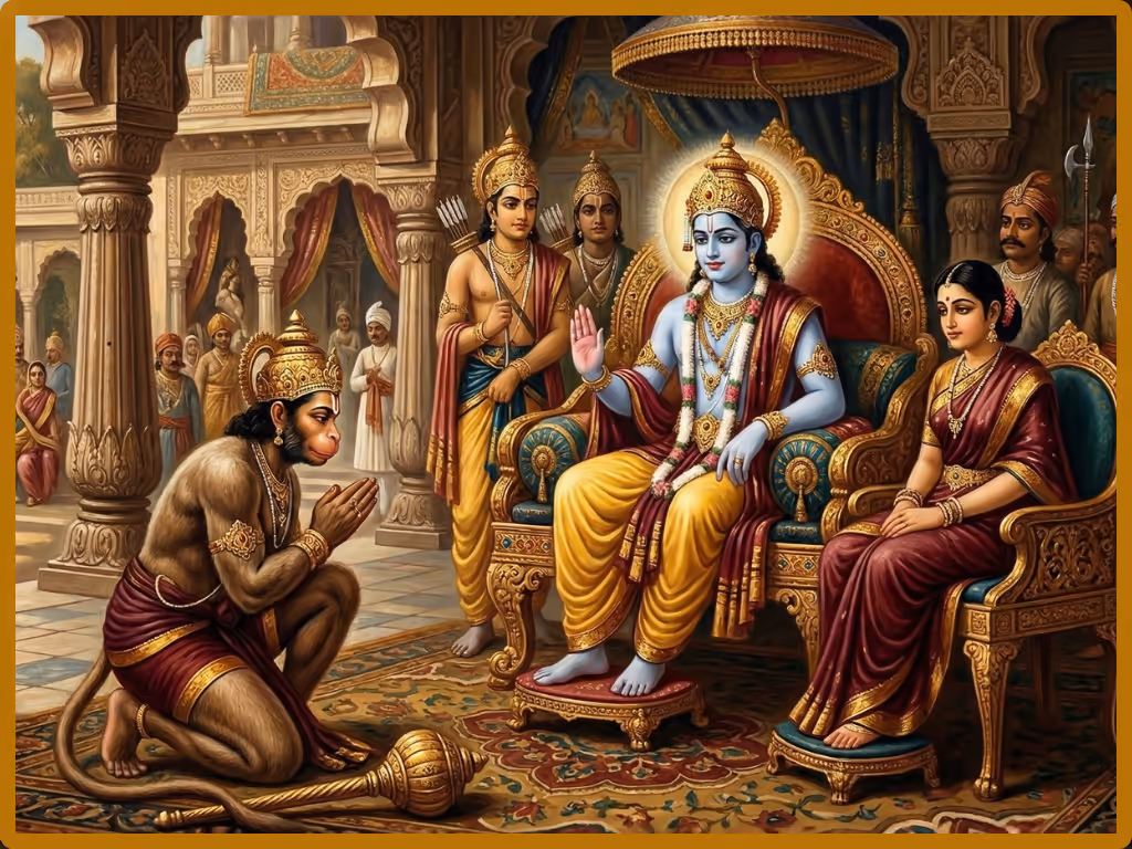 A traditional painting illustrating the essence of the Atulita Baladhamam mantra. Shri Hanuman, though the abode of immeasurable strength ('Atulita Baladhamam'), sets his mace down and kneels in complete Sharanagati before Lord Rama, perfectly embodying the verse 'Raghupati Priya Bhaktam'—the most beloved devotee of the Lord of the Raghus.