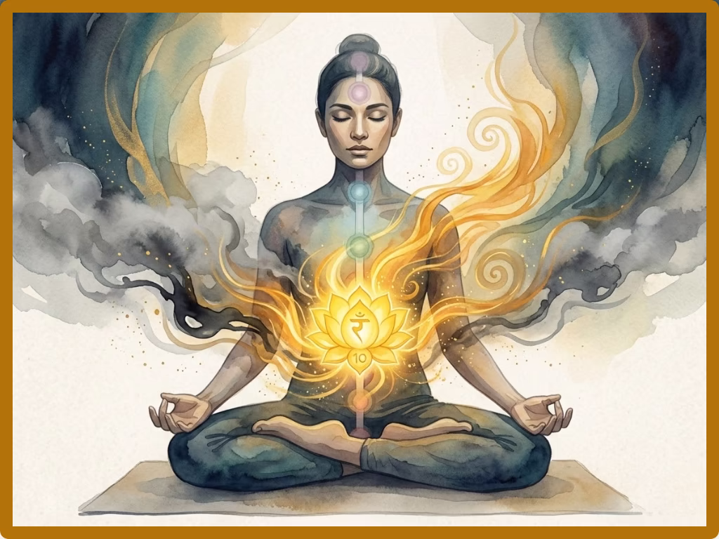 A subtle watercolor illustration of a figure in deep meditation. A vibrant, glowing yellow ten-petaled lotus radiates from their solar plexus (Manipura chakra). This concentrated inner sun emits warm, golden energy that actively burns away dark, smoky clouds representing lethargy, while subtle chakra points align along the meditator's spine.