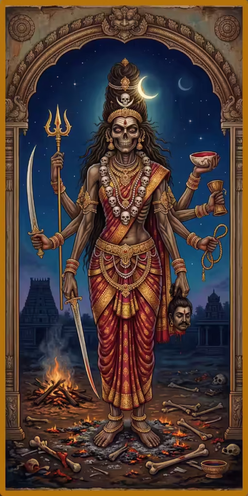 A masterful traditional South Indian Tanjore painting in gold and rich pigments, depicting the eight-armed, skeletal form of Chamunda-Kapalini. She stands on a bone-and-skull-strewn cremation ground at night, wearing a skull necklace and holding a trident, sword, noose, damaru drum, and a severed male head. Ritual bonfires burn behind her, with distant temple Gopurams under a starry sky visible through an elaborate stone archway.