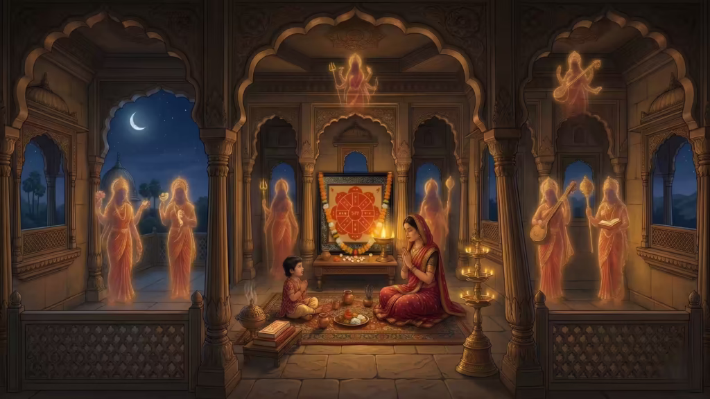 A panoramic, traditional Rajasthani-style painting of a modest, stone-floored Indian home at dusk. Inside, a mother and child sit in deep prayer before an illuminated altar featuring a Guru-Energized Matrika Yantra on Bhojpatra, adorned with marigold garlands. At the eight directions of the room, archways, windows, and corners, eight luminous, ethereal silhouettes of the Ashtamatrika goddesses stand guard. They face outward with their weapons drawn, protecting the warm, amber-lit interior from the dark night sky visible outside.