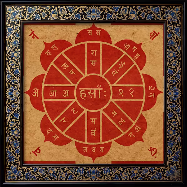 A Guru-Energized Device featuring the sacred Matrika Yantra, meticulously hand-drawn on authentic Himalayan Bhojpatra. The deep red geometric mandala, radiating with an eight-petaled lotus and ancient Sanskrit seed syllables, is enshrined within a jet-black frame. The border is richly ornamented with intricate gold and deep blue floral motifs, reflecting the profound energy and heritage of traditional paramparic sacred art.