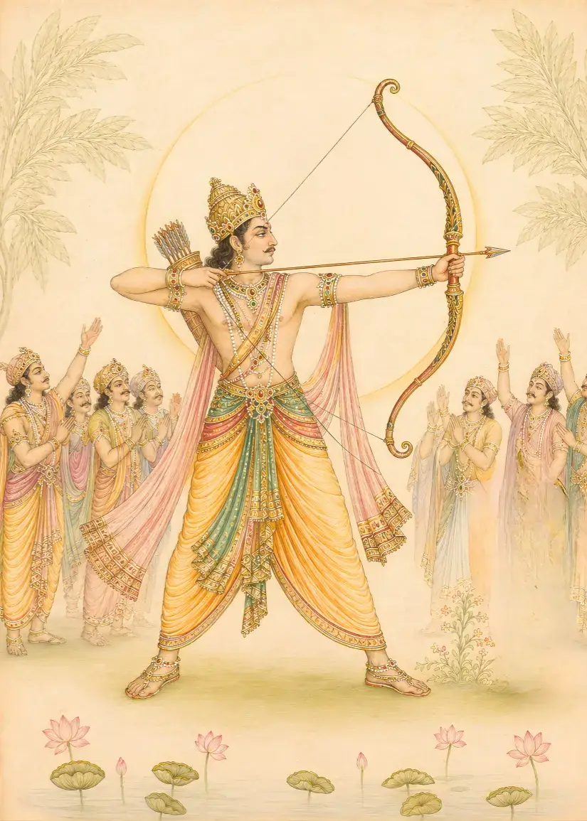 Arjuna proudly aiming his bow to demonstrate his status as the greatest archer, illustrating that even great personalities were not free from weakness and were sometimes touched by pride and confusion.