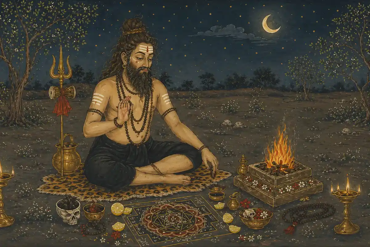 An ascetic performing an intense nocturnal fire ritual with a geometric diagram on the ground, representing classical Tantrik Sadhana which requires strict discipline and proper guidance compared to the safer path of simple devotion.