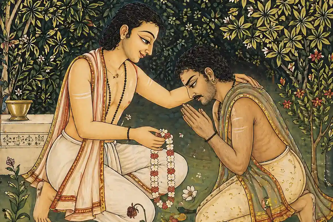 A gentle scene of a man offering a flower garland and a comforting hand to another man kneeling in apology. It illustrates how chanting Om Namo Bhagavate Rudraya softens a heart that once held grudges, giving the seeker the inner strength to release anger and forgive.
