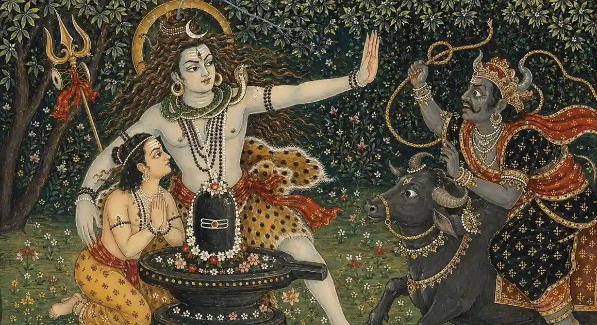 Lord Shiva emerging from a Shiva Lingam to compassionately protect his young devotee Markandeya from Yama, illustrating how sincere faith draws the protective grace of Sri Rudra against deep-seated fear.