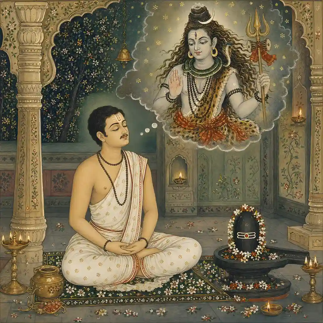A peaceful seeker seated in a traditional home shrine, meditating before a Shiva Lingam with closed eyes while mentally visualizing Lord Shiva, demonstrating the safe and devotional approach to daily mantra sadhana.