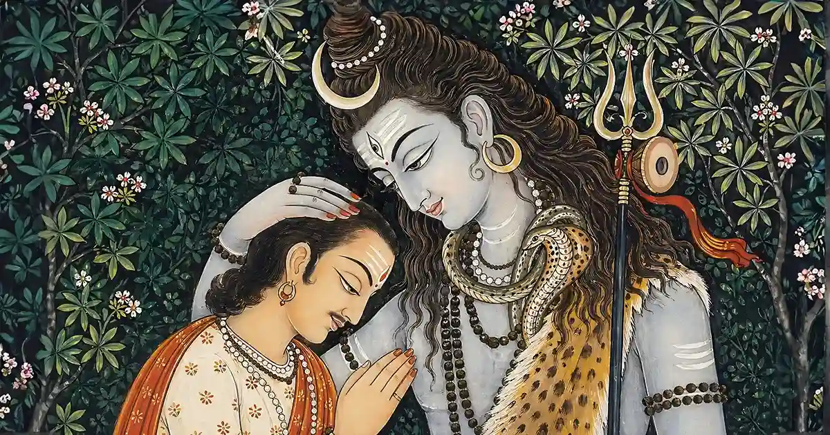 A beautiful traditional painting of Lord Shiva gently blessing a devoted seeker, illustrating the profound calmness, safety, and protective grace offered by chanting the Om Namo Bhagavate Rudraya mantra.