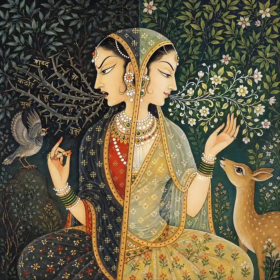 An artistic depiction of a woman with two faces, illustrating the inner transformation from speaking harsh, thorn-like words in anger to gentle, flower-like speech.