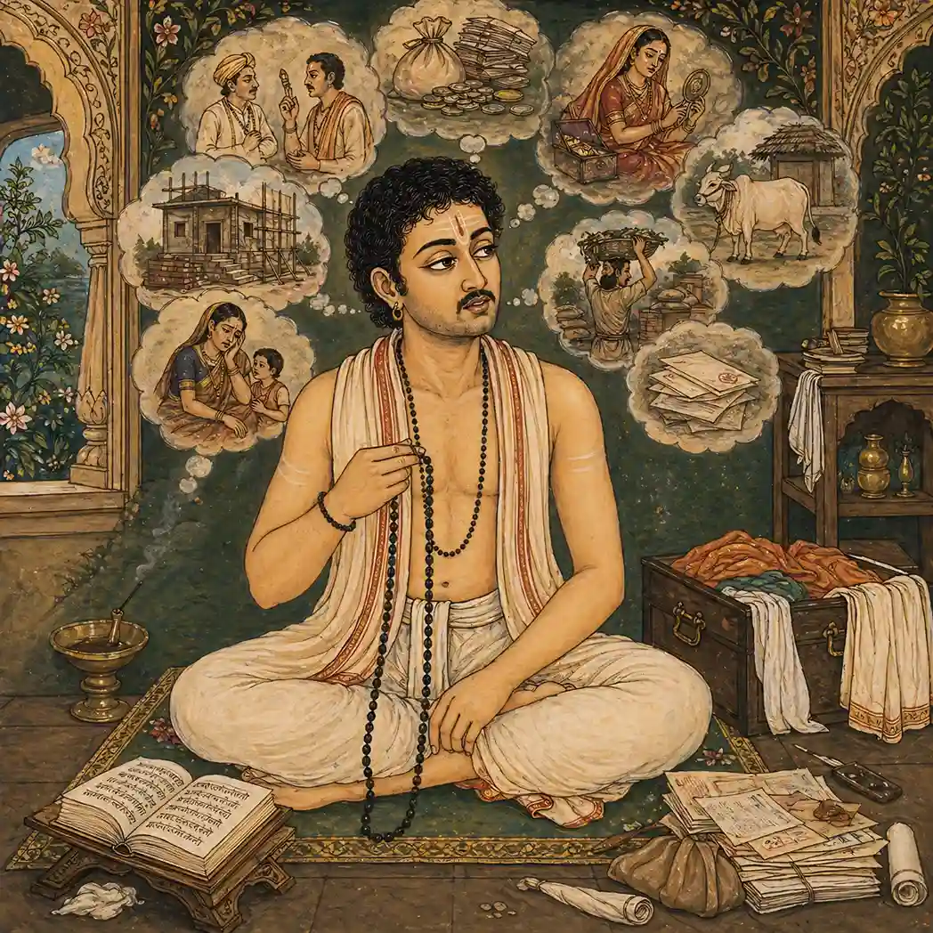 An illustration of a seeker attempting to chant with a mala, while his mind wanders toward thought bubbles filled with daily concerns, desires, and unfinished work. This depicts the common dilemma where the heart wants to pray, but attention does not remain steady.