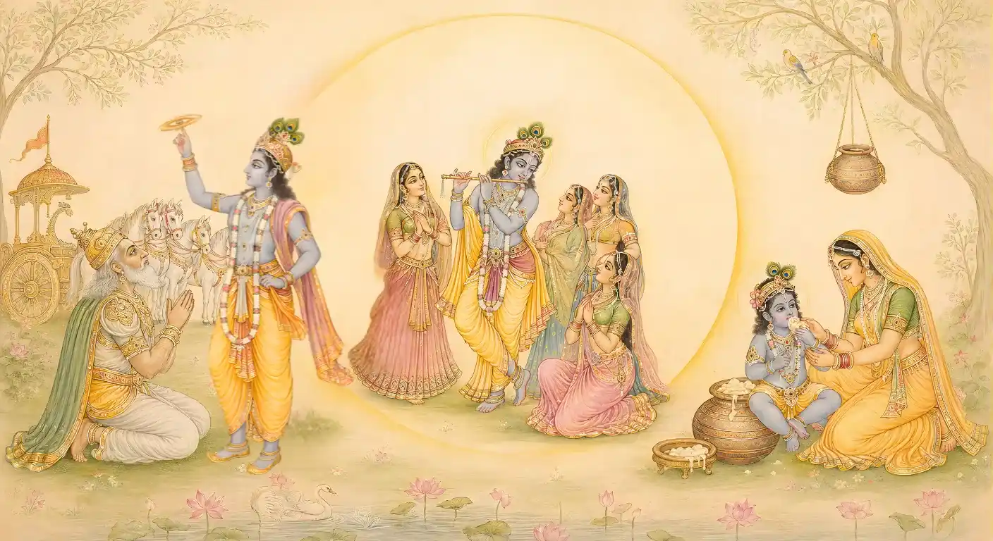 Lord Sri Krishna depicted in His all-attractive forms—as Dwarkadheesh, Vrajendranandana, and Gopal—illustrating the Akarshana Shakti and the attractive principle invoked during Kleem mantra meditation.