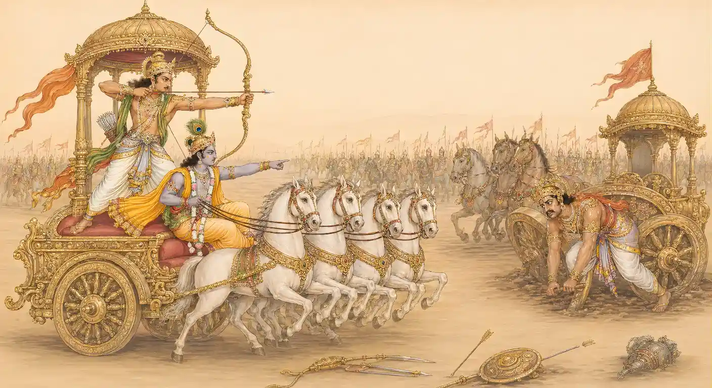 Lord Sri Krishna directing Arjuna on the battlefield as Karna struggles with a stuck chariot wheel, illustrating that strong loyalty placed in the wrong direction cannot win divine favor despite a person's bravery.