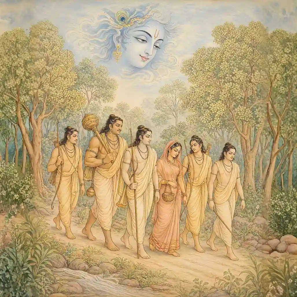 The Pandavas and Draupadi walking through a forest with the divine face of Lord Sri Krishna watching over them from the sky, representing His presence as a constant inner guide.