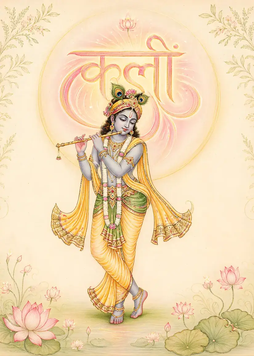 Lord Sri Krishna playing His flute, surrounded by pink lotuses, with the sacred 'Kleem' Beeja mantra glowing behind Him. This visualizes the meditation practice of focusing on the attractive aspect of Bhagawan to calm the mind and invoke divine grace.