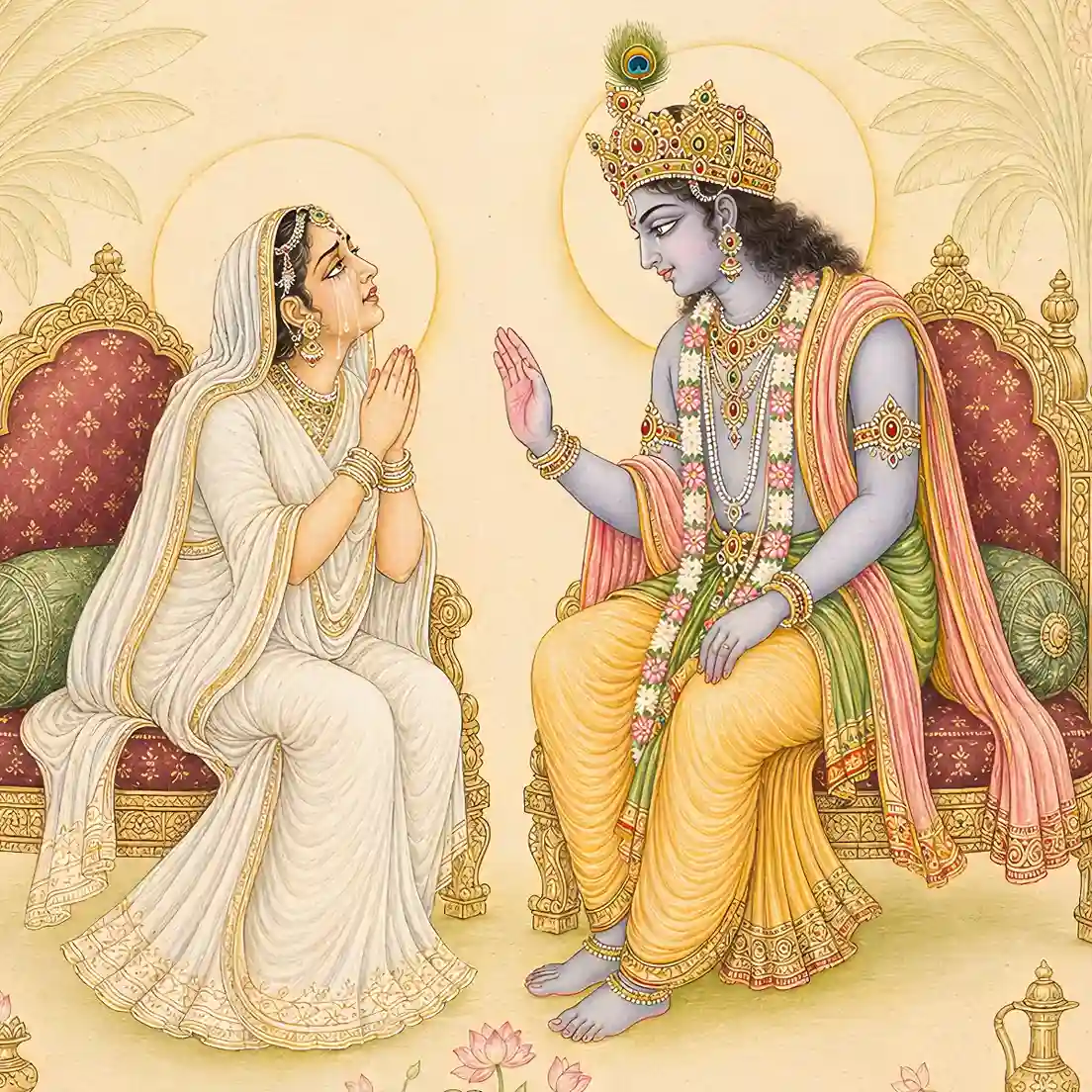 Lord Sri Krishna gently consoling a weeping devotee, illustrating how sincere seekers can find real solutions and divine grace when facing modern hardships and emotional stress.