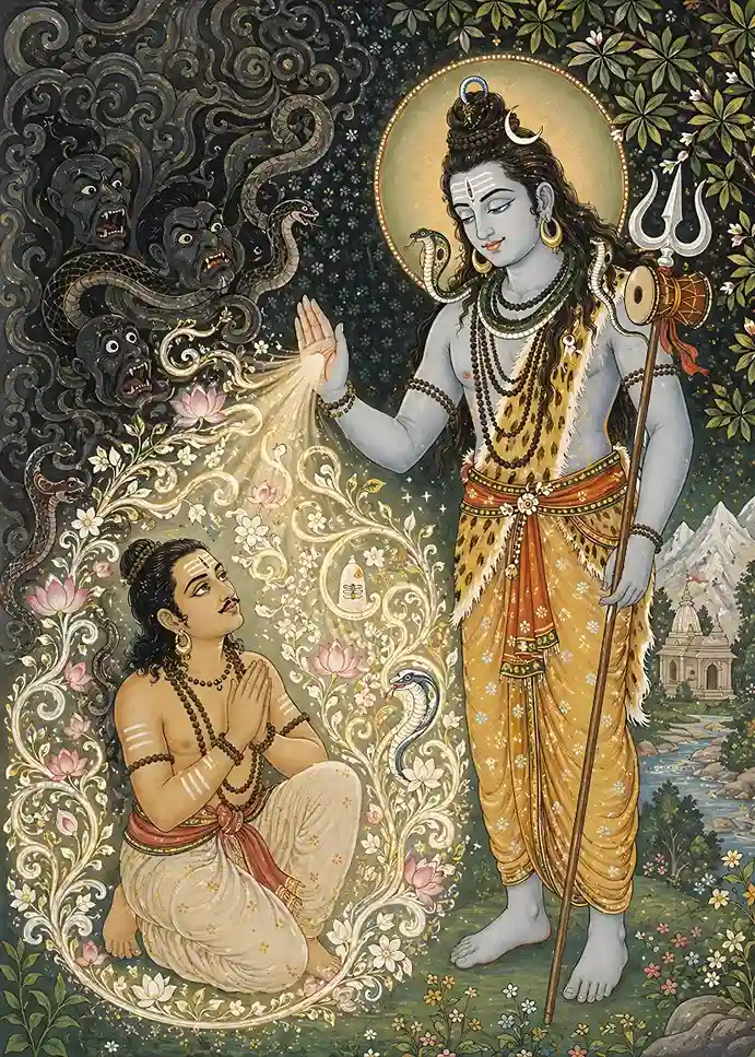 Lord Shiva showering a protective, radiant grace upon a kneeling devotee, while actively repelling dark demonic faces and snakes in the background, symbolizing Sri Rudra burning away impurity, falsehood, and inner fear.