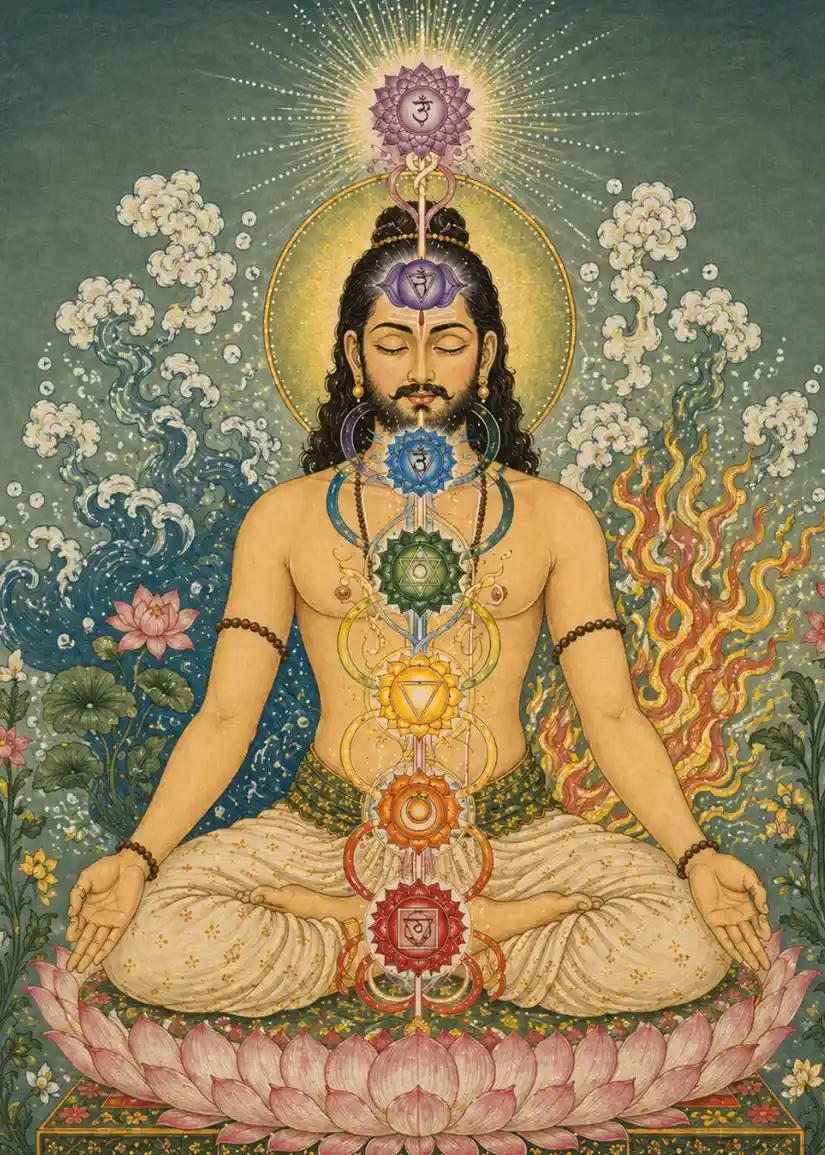 A meditating yogi with illuminated chakras aligned along the spine, representing the subtle spiritual transformation and deeper devotional focus achieved through consistent Shiva Mantra Sadhana.
