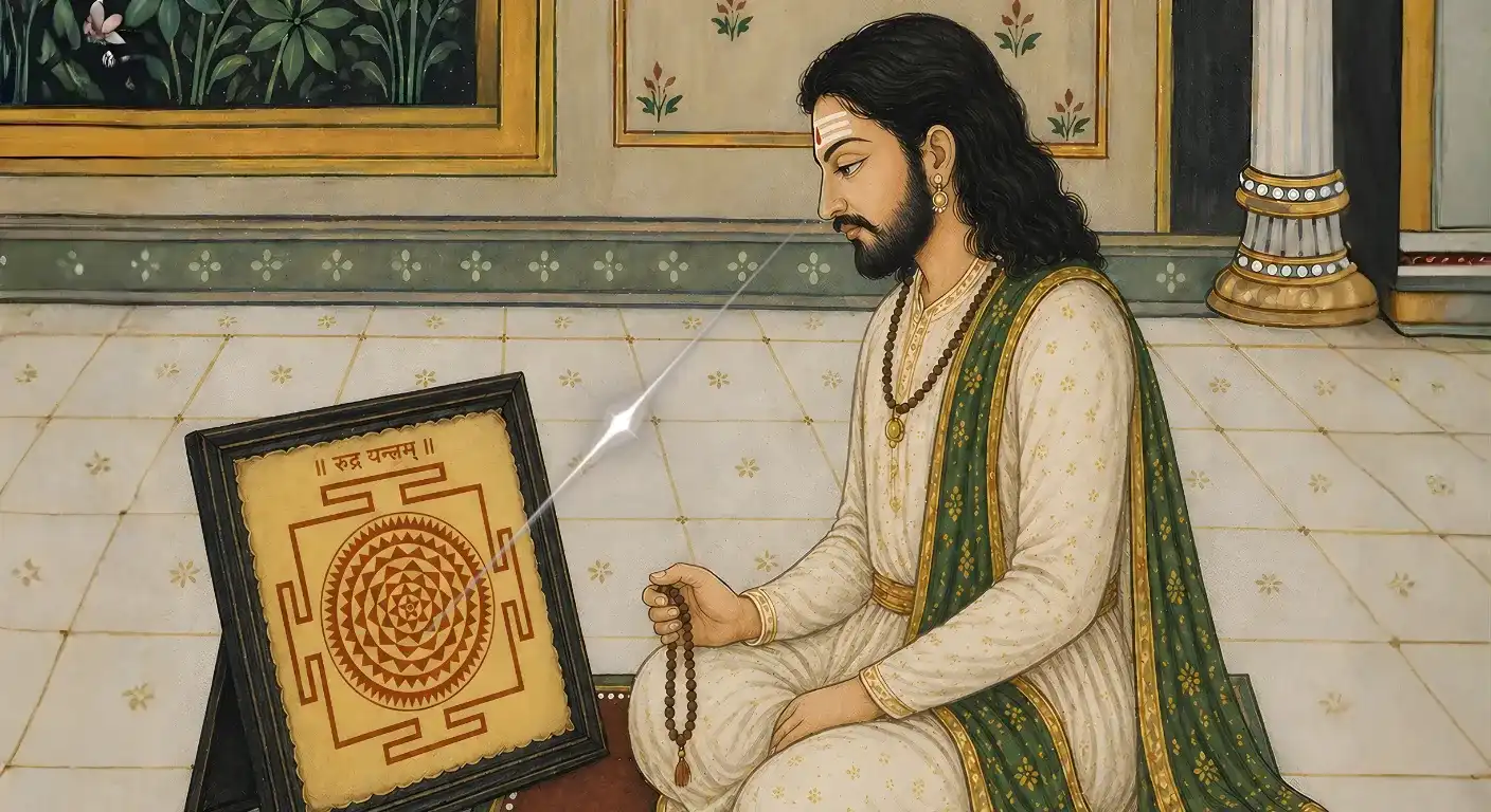 A focused seeker practicing Trataka by gazing steadily at an authentic Bhoj Patra Shri Rudra Yantra while chanting with a Rudraksha mala, creating a loop of concentration to quiet inner noise during prayer.