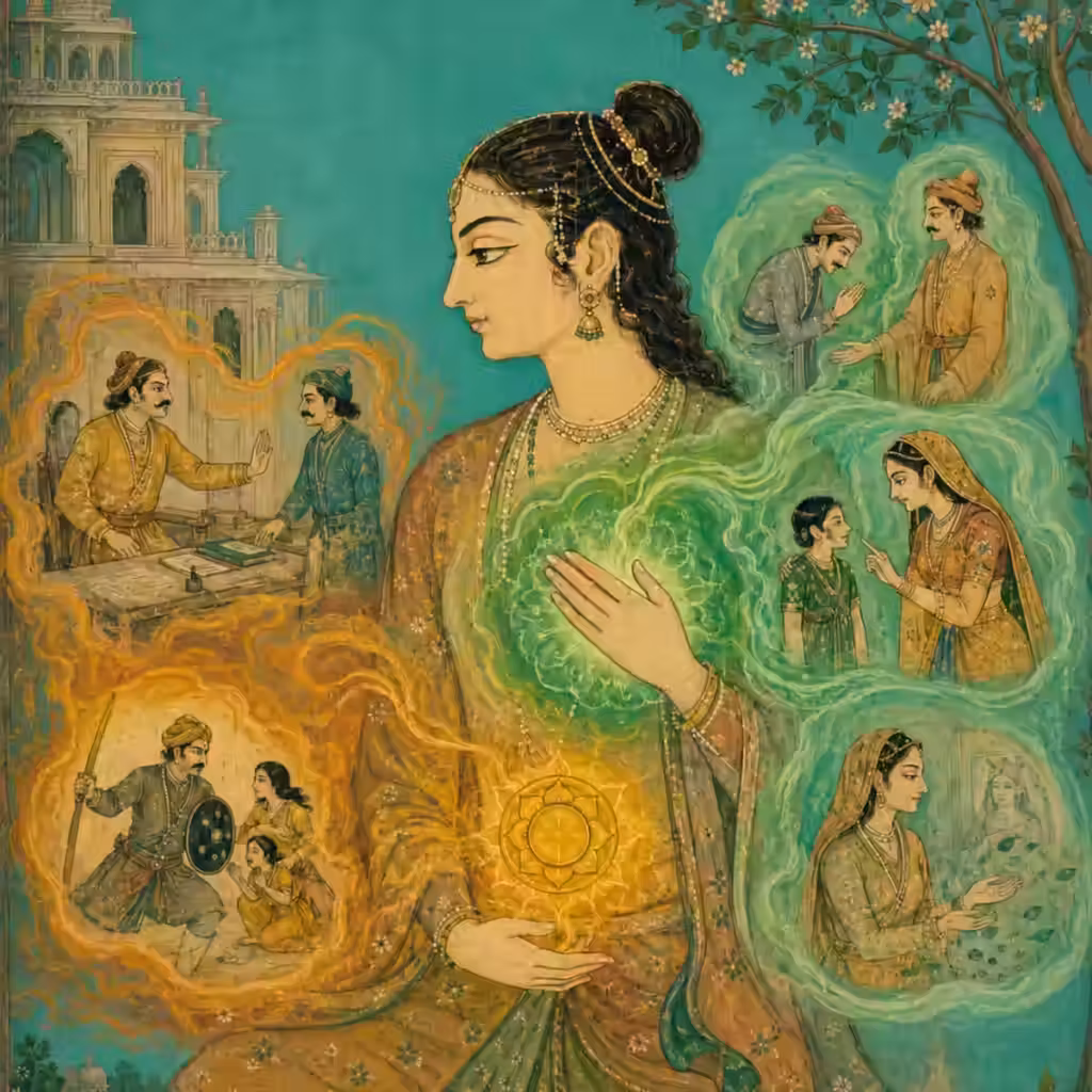 Ilustración de estilo pahari sobre el valor interior y el equilibrio emocional asociados con el mantra de Hanuman.