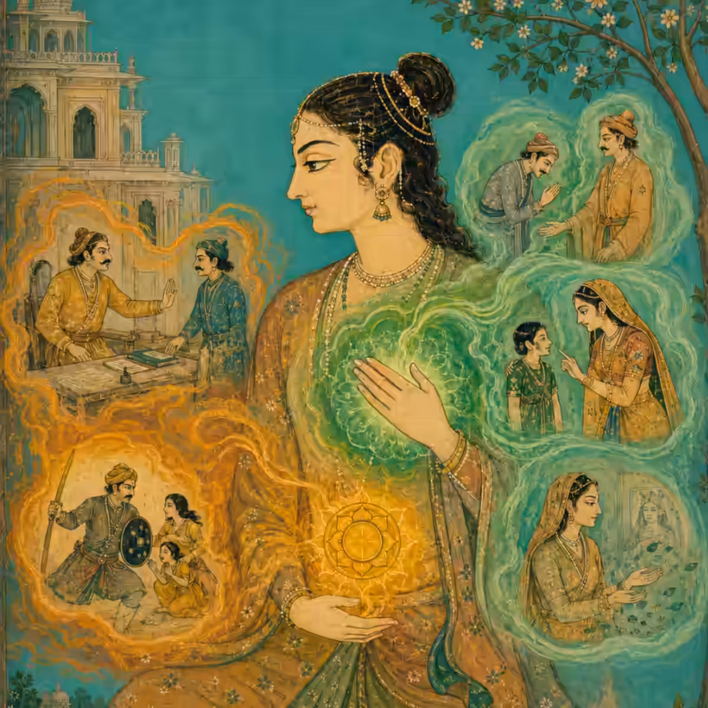 A Pahari-style illustration depicting the inner courage and emotional balance granted by the Hanuman mantra, helping sadhakas overcome internal resistance in daily life.