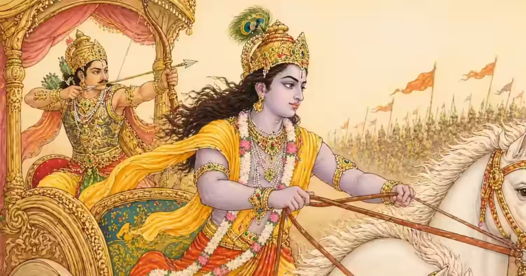 Lord Sri Krishna guiding Arjuna on a chariot at the Kurukshetra battlefield, reflecting how the modern mind is full of confusion and dilemma while fighting the war of survival.