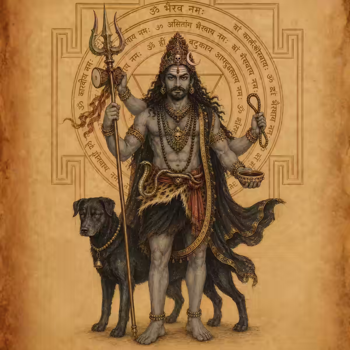 A detailed illustration of Lord Bhairava standing with a black dog, holding a trident and sacred implements, set against a background featuring the geometric Sri Bhairava Yantra and Sanskrit mantras. Represents an Authentic Sri Bhairava Yantra for Safe Nama Japa and Inner Protection.