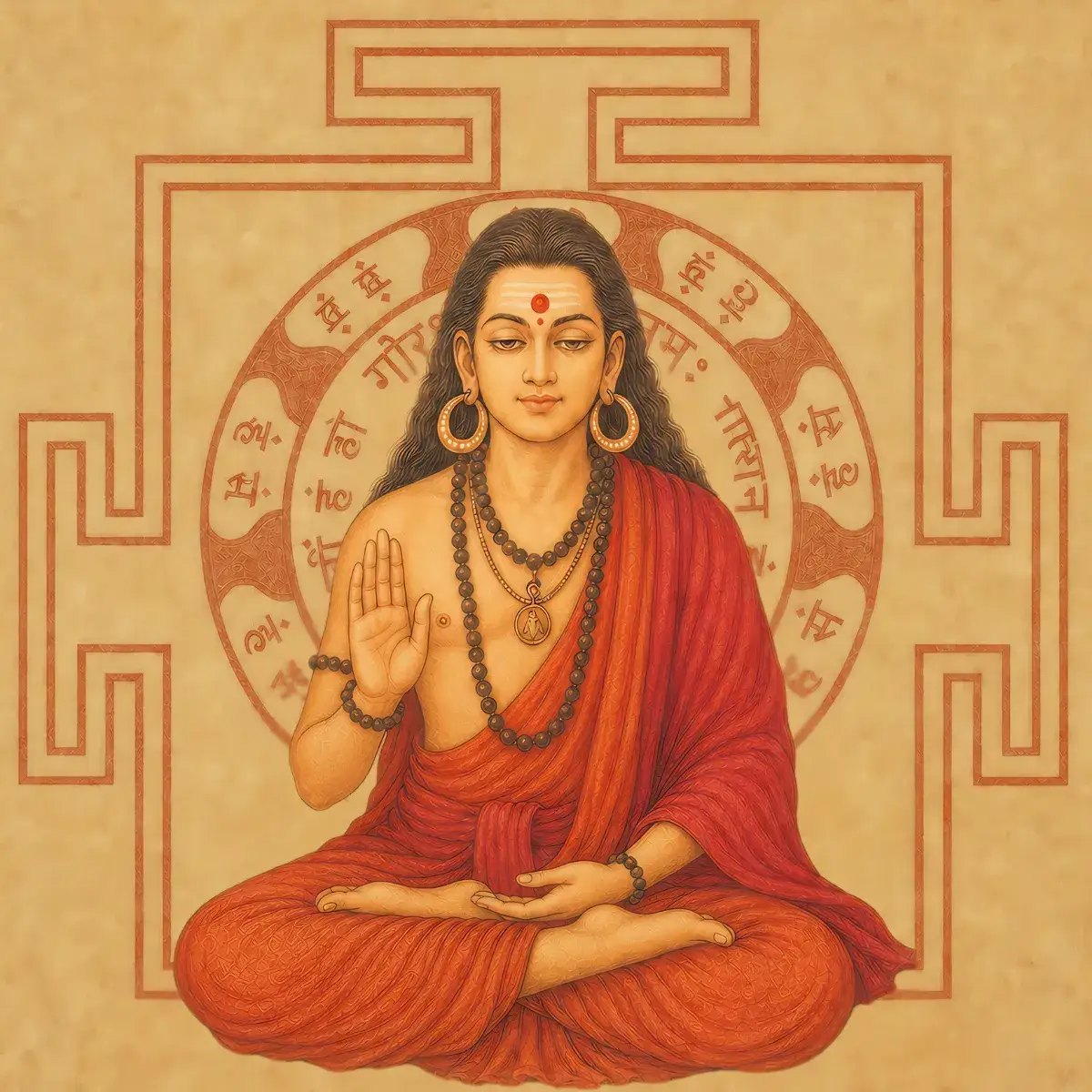 Traditional artwork of Sri Guru Gorakhnath ji in deep red robes, seated in meditation before a sacred Sri Gorakhnath Yantra designed with authentic earthen Bhojpatra textures.