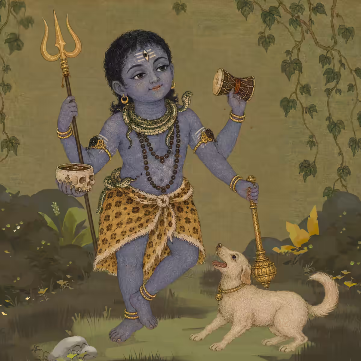 Pahari style painting of Batuka Bhairava in a satvik, child-like form with a dog,