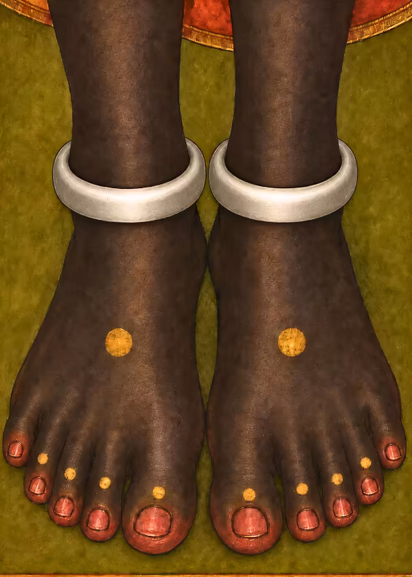 Visualization of Sri Bhairava's feet for the Manas Archana Seva, illustrating the 12 precise points for mentally offering sandalwood paste or bhasma to maintain count during mantra japa. 