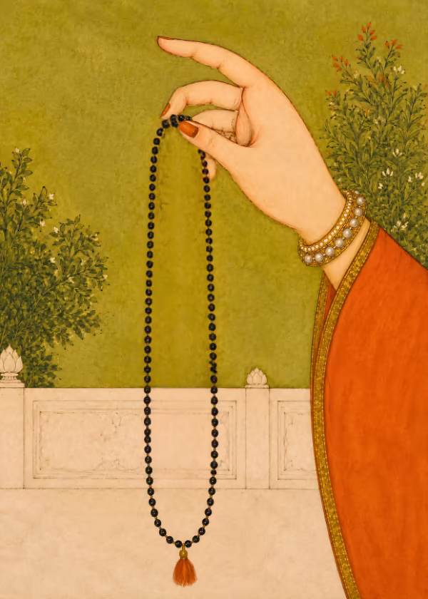: Illustration of a hand holding a 108 beaded japa mala, demonstrating the precise counting method required for the daily Bhairava Yantra meditation and chanting process.
