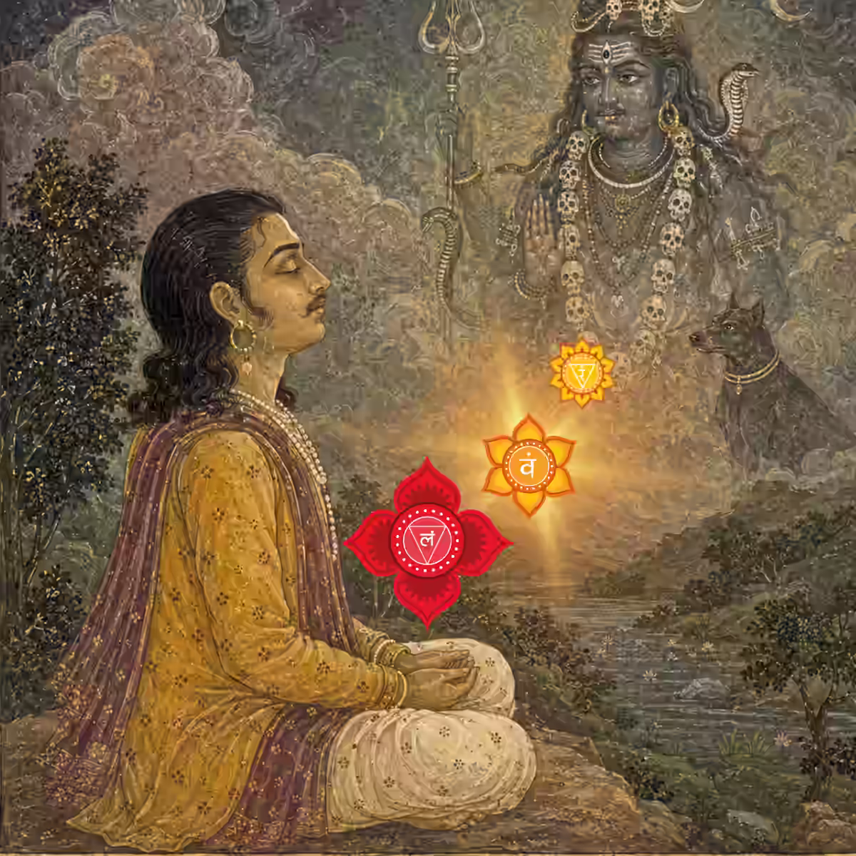 Conceptual illustration for the Bhairava Sadhana Suitability Report showing a meditating seeker with glowing lower chakras, watched over by an ethereal vision of Lord Bhairava and his canine vahana.
