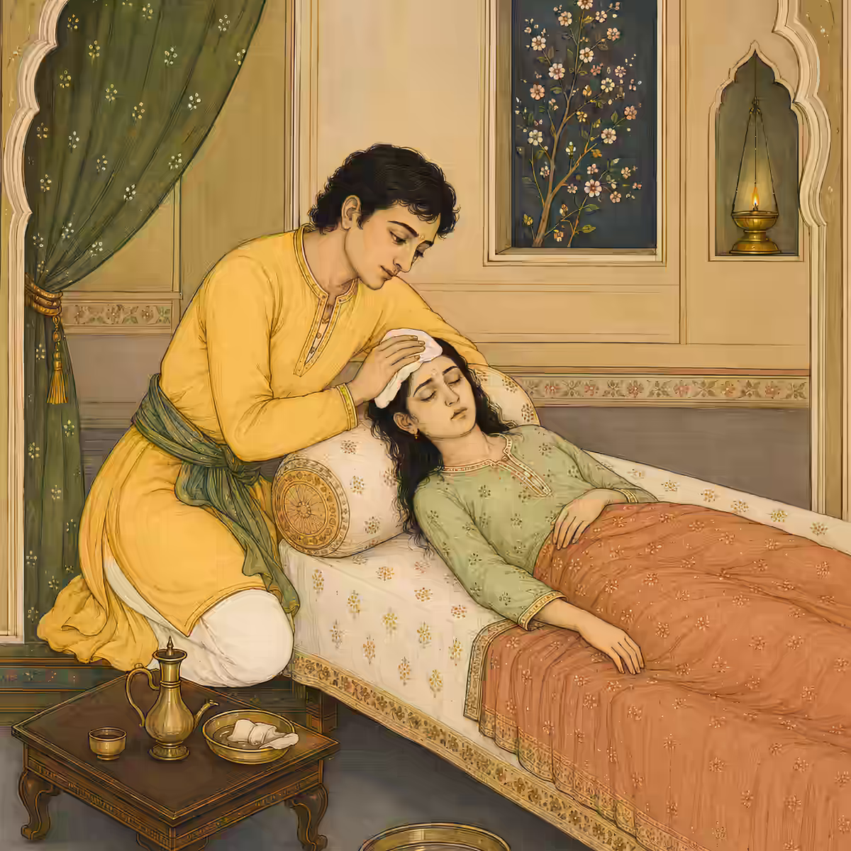 A caring man tending to his resting partner, symbolizing the Ananga aspect of Shri Kamadeva where true affection transcends physical appearance.