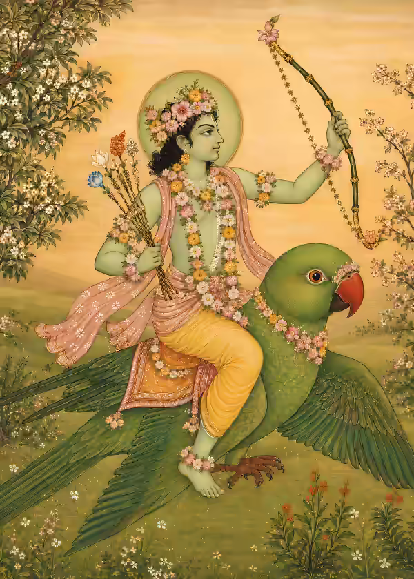 An artistic depiction of Shri Kamadeva, the Hindu god of love and attraction, riding a green parrot and holding his signature sugarcane bow with flower arrows.