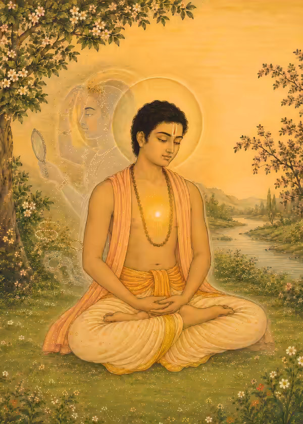 A young ascetic meditating peacefully in nature, while a fading, translucent figure of a beautiful woman dissolves behind him, symbolizing the practice of Brahmacharya and the release of physical desires.