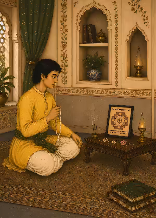 A devotee sitting cross-legged, using a japa mala to chant mantras in front of an energized, framed Shri Kamadeva Yantra alongside a lit ghee lamp.