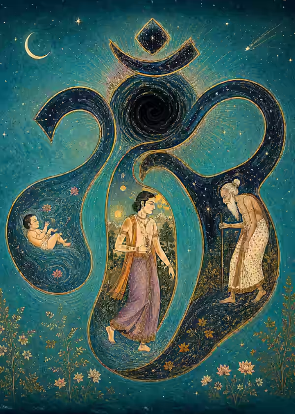 A cosmic illustration of the universal sound Om containing a baby, a youth, and an elder, symbolizing how it represents the aspect of existence across the past, present, and future tenses of time.