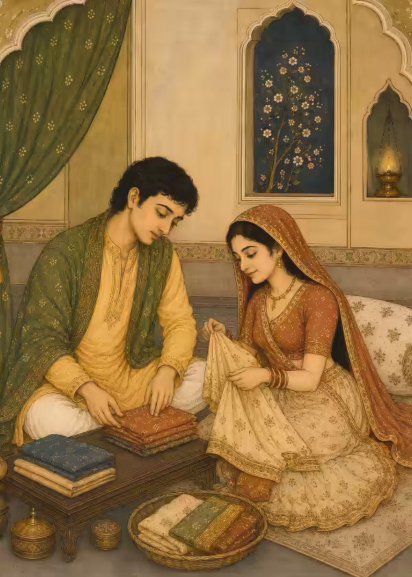 A caring man tending to his resting partner, symbolizing the Ananga aspect of Shri Kamadeva where true affection transcends physical appearance.