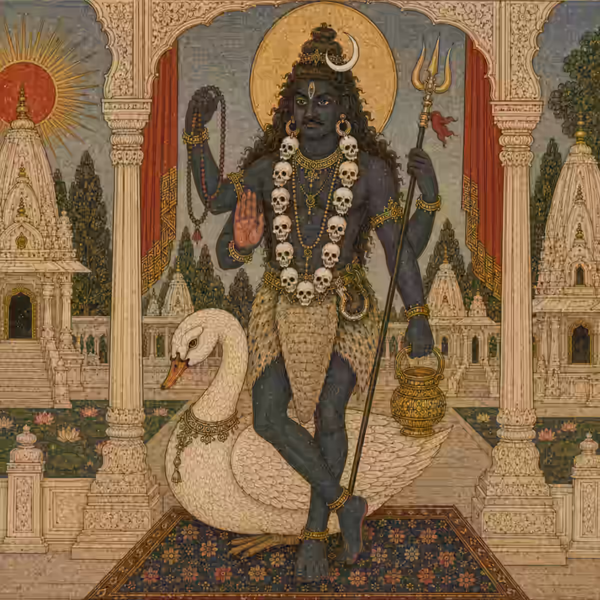 Pattachitra style painting of a dark-complexioned Asitanga Bhairava standing with a swan, symbolizing the fine-tuning of inner mental energies and the transition to inner bliss.