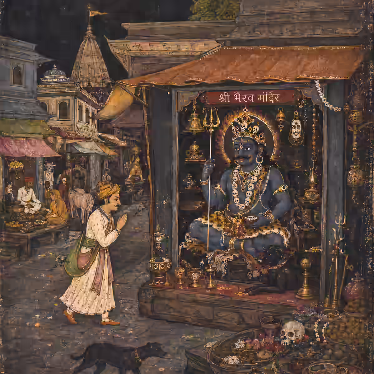 A traditionally dressed devotee offering heartfelt prayers at a vibrant street temple shrine dedicated to Lord Kal Bhairav.