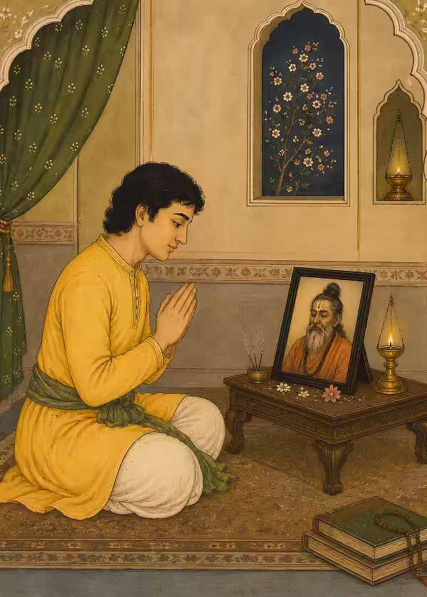 A man sitting peacefully on a rug, folding his hands in prayer before a framed photograph of his spiritual Guru, preparing for a home Kamadeva Yantra worship session.