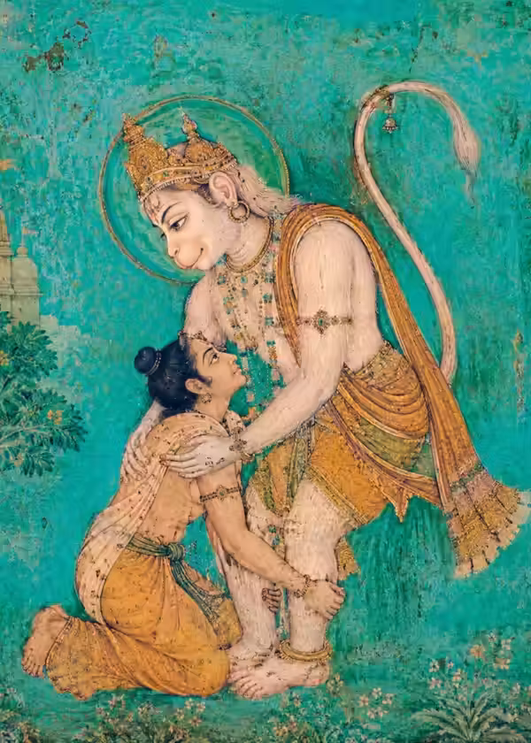 A Pahari-style painting showing a devotee completely surrendered at the feet of Sriman Hanuman ji Maharaj, representing the humility and Sharanagati established by the word 'Namaha'.