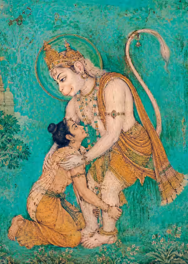 A Pahari-style painting showing a devotee completely surrendered at the feet of Sriman Hanuman ji Maharaj, representing the humility and Sharanagati established by the word 'Namaha'.