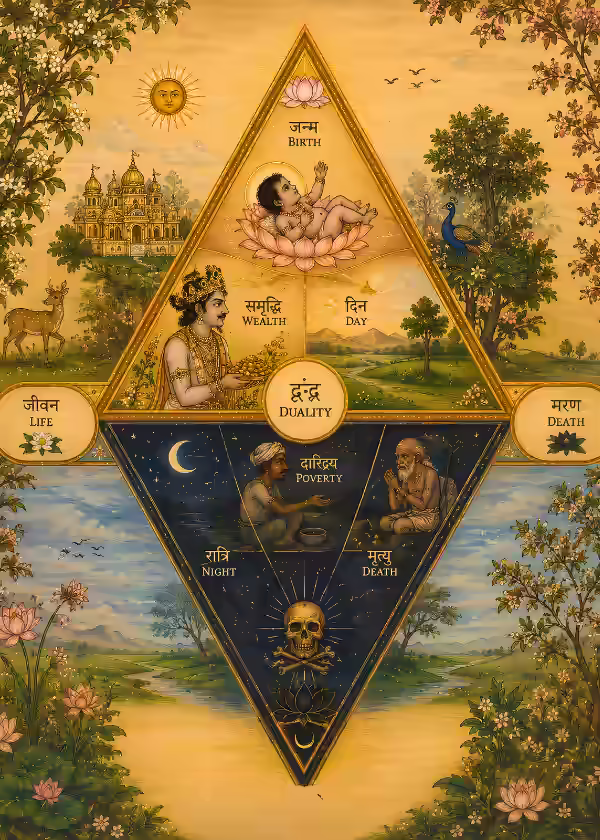 Illustration of upward and downward triangle for visually depicting the dualities of life such as birth and death, wealth and poverty, and day and nigh