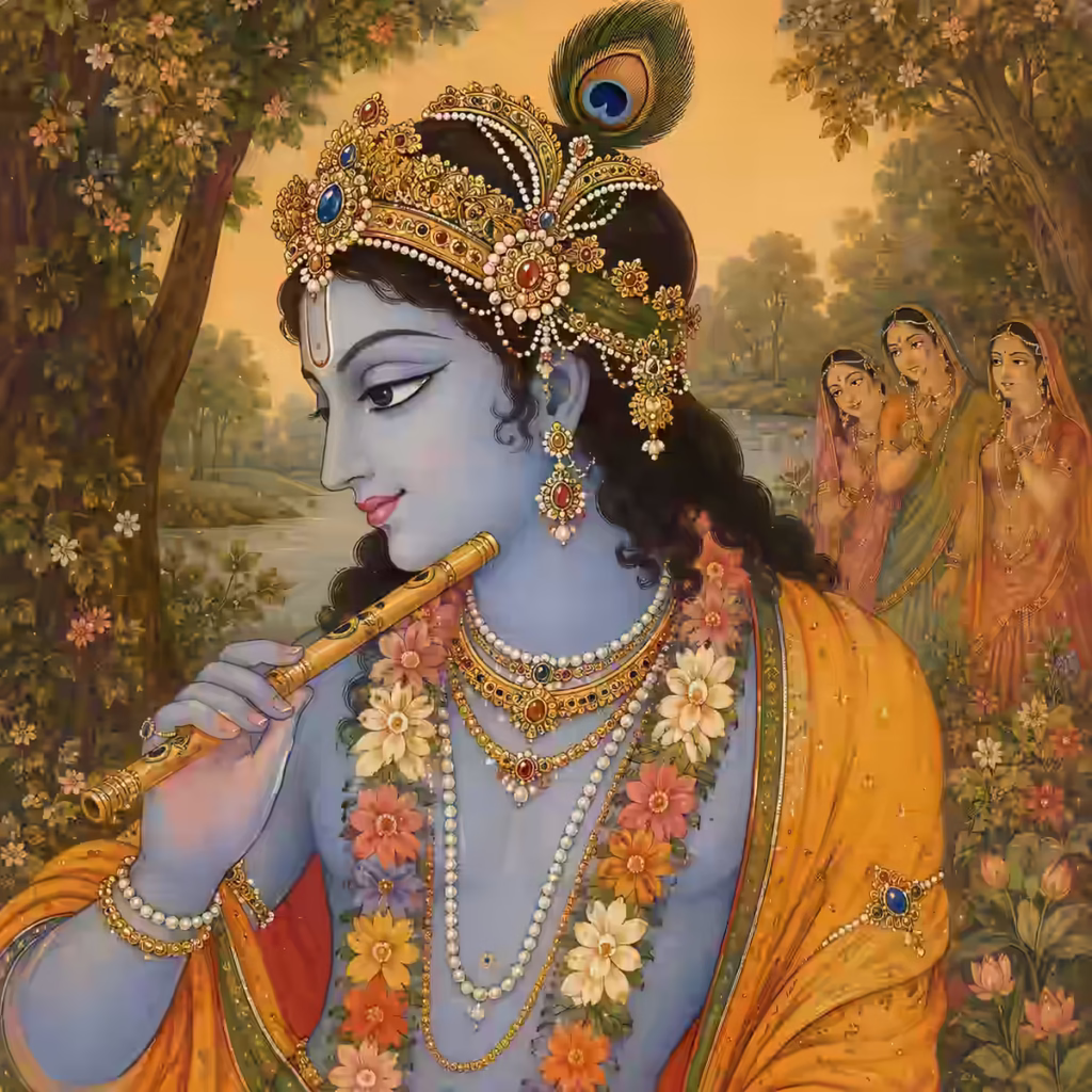 Close-up traditional art of Lord Krishna playing the flute, reflecting his form as the enchanter of Kamadeva who guides seekers toward bhakti.