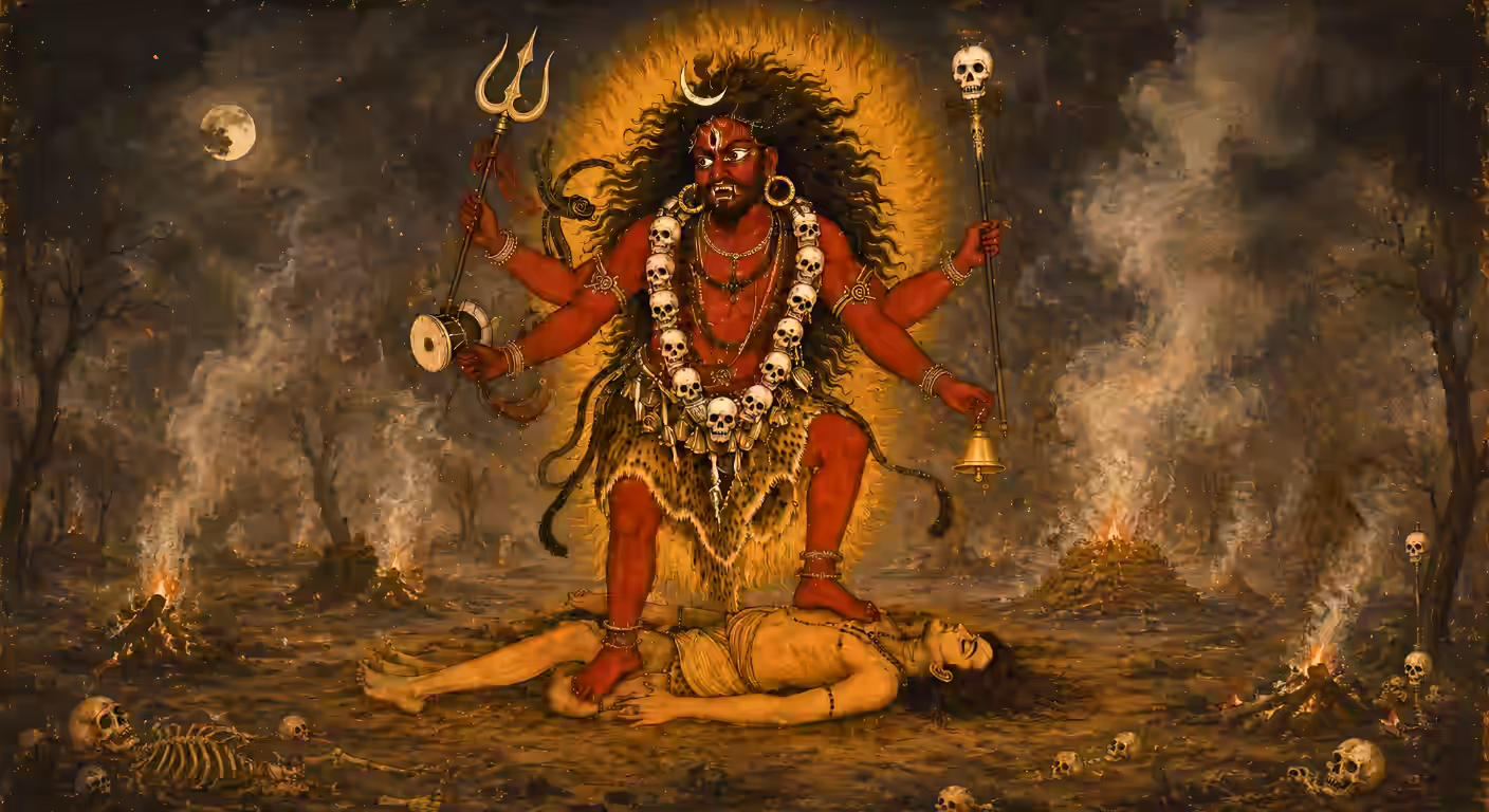 raditional artwork of a fierce Bheeshana Bhairava standing in a cremation ground, representing the burning of evil tendencies and lifetimes of samskaras.