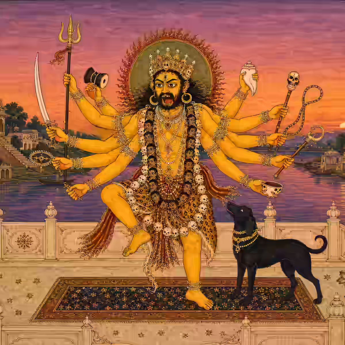 Detailed traditional artwork of a multi-armed golden Samahara Bhairava accompanied by a dog, illustrating the powerful energy fields that guard the directional gates