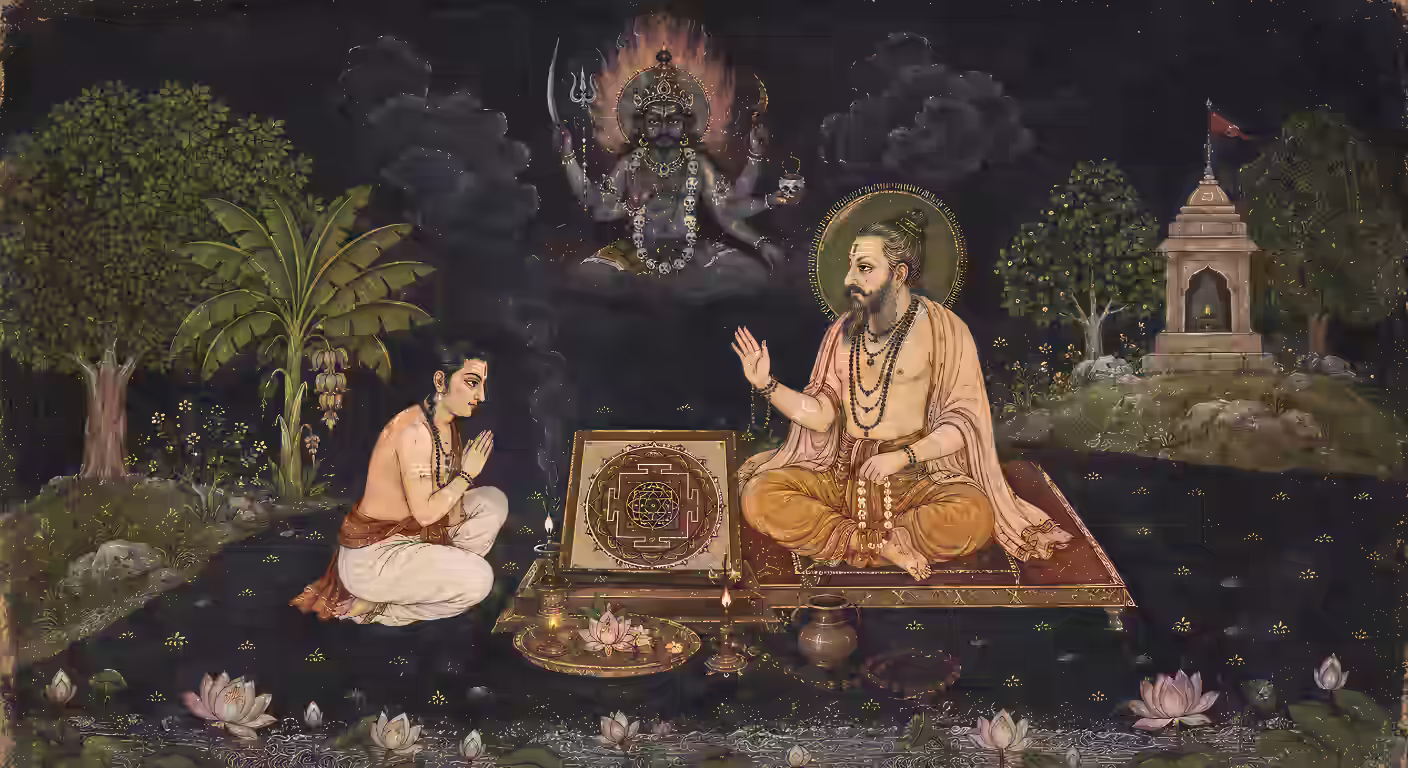 A serene traditional painting of a spiritual guru instructing a devoted disciple on sacred Yantra meditation, with a divine vision of Lord Bhairava manifesting above them.