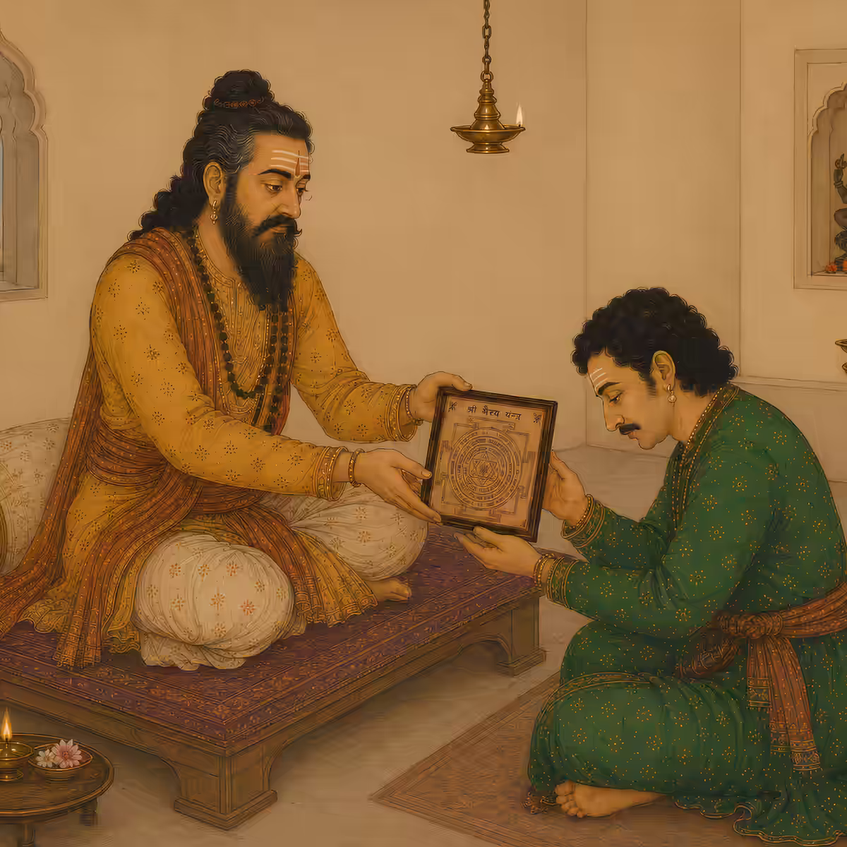 : A spiritual Guru handing an energized Sri Bhairava Yantra to a devoted disciple, highlighting the importance of proper guidance in Tantra Sadhana.
