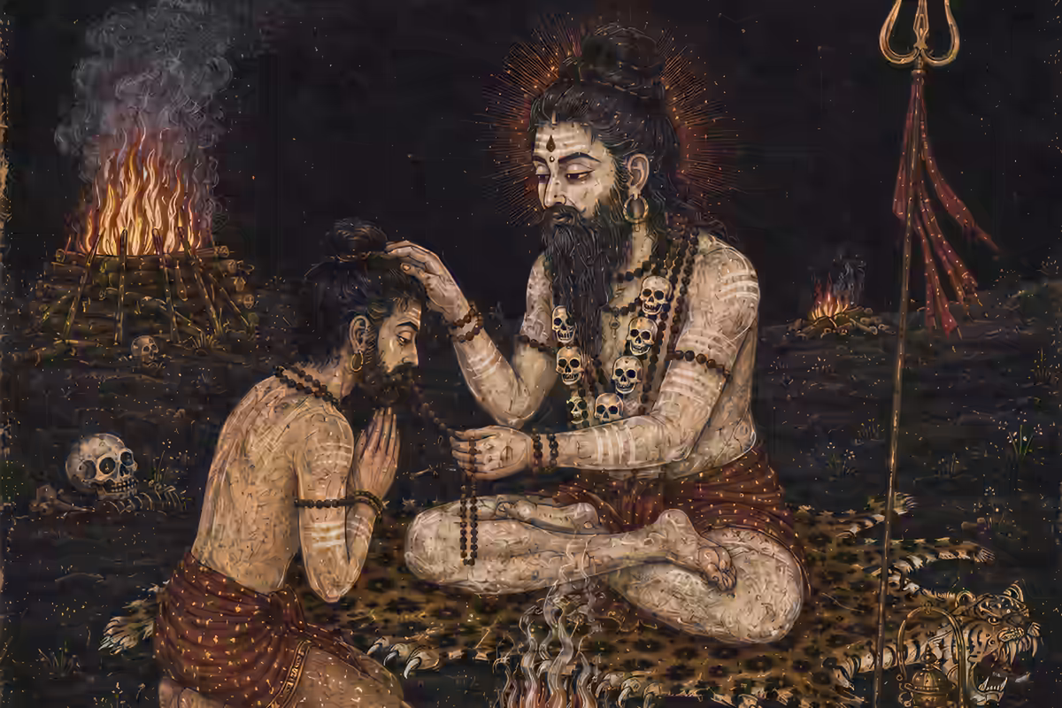 A spiritual guru passing a sacred rudraksha mala to a devoted disciple during a traditional Bhairava sadhana ritual near a ceremonial fire.